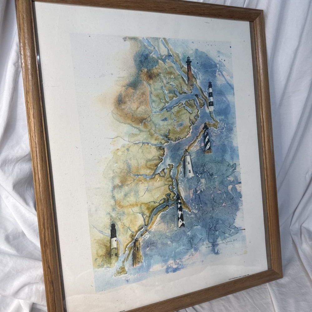 Signed 1988 Outer Banks Watercolor NC Lighthouses Coastal Carolina Art Jones